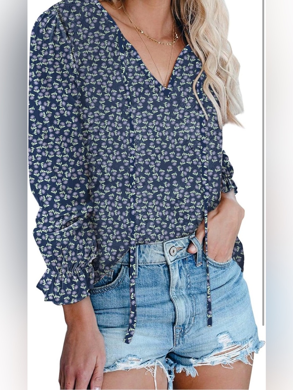 NWT Dokotoo Navy Blue Ditsy Floral V-Neck Blouse - XL